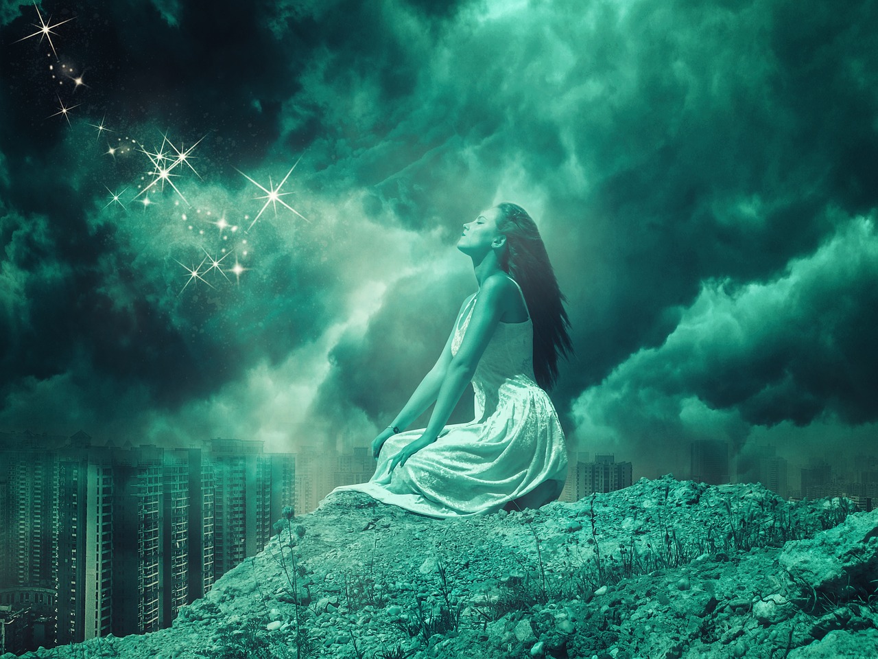 Image - girl pray sky clouds woman
