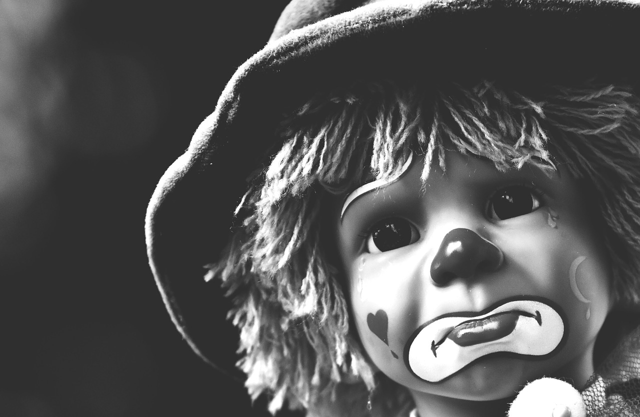 Image - doll clown sad black and white