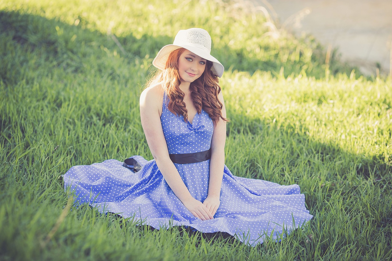 Image - blue dress hat grass girl female